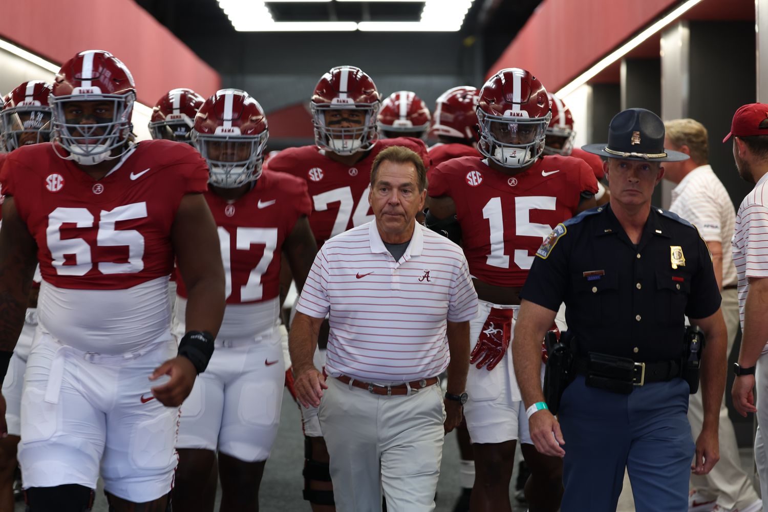 Nick Saban, Alabama football coming out of tunnel